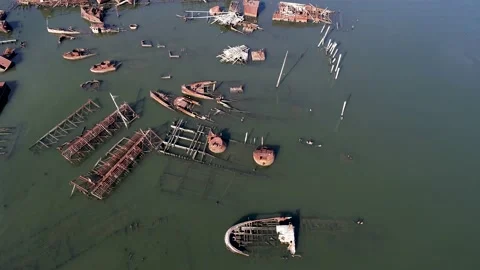 Ships decaying at the Arthur Kill Ship graveyard Video stock 135591651