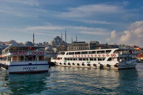 The ships on the dock in Golden Horn, Istanbul. Stock Photos