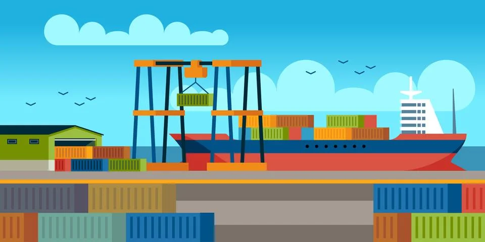 Ships in dock. Loading containers on cargo ship in seaport industrial terminal Illustrazione stock