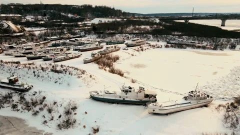 Ships fall asleep during winter Stock Footage 143593211