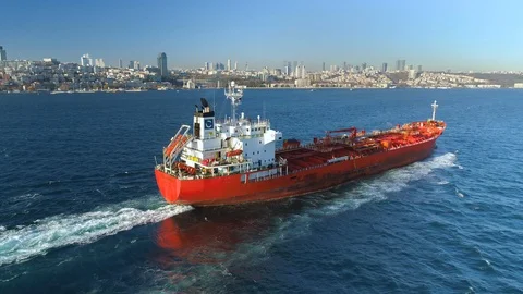 Ships floating Bosphorus blue water sunny day. Aerial drone view on sunset in Stock Footage 87785258