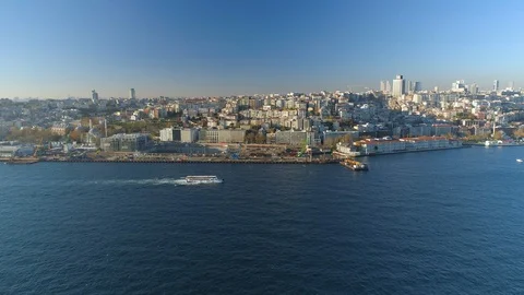 Ships floating Bosphorus blue water sunny day. Aerial drone view on sunset in Stock Footage 87785305
