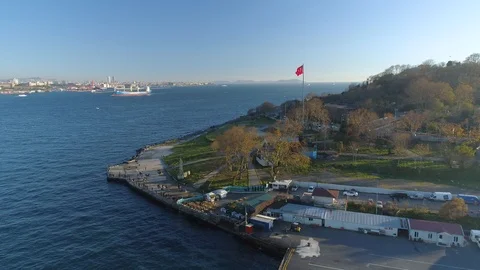 Ships floating Bosphorus blue water sunny day. Aerial drone view on sunset in Stock Footage 87785591