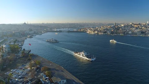 Ships floating Bosphorus blue water sunny day. Aerial drone view on sunset in Stock Footage 87785682