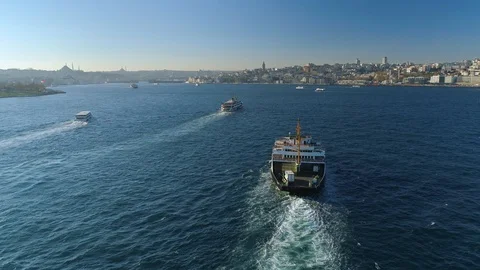 Ships floating Bosphorus blue water sunny day. Aerial drone view on sunset in Stock Footage 87786183