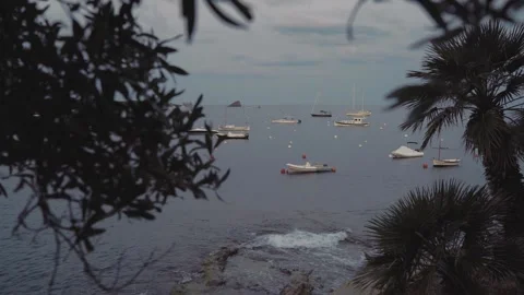 Ships floating on the sea at sunset, clouds and vegetation Stock Footage 242336093