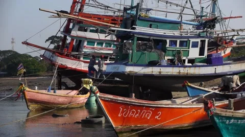 Ships On The Ground After The Tide Longtail Boat Thailand Stock Footage 47368908