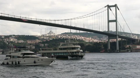 Ships navigation under a bridge on Bosphorus river, 4K, DNxHR Stock-Footage 151107980