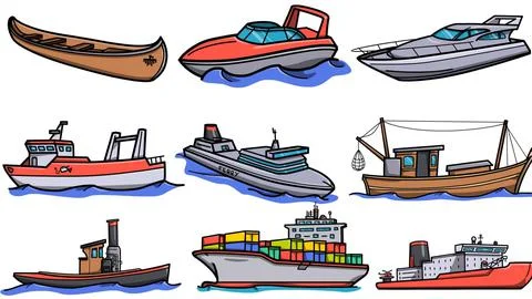 Ships set background collection 2d animated illustration Stock Illustration