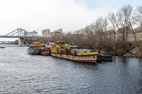 Ships in the spring on the river in the docks Stock Photos