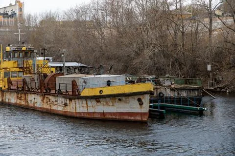 Ships in the spring on the river in the docks Stock Photos