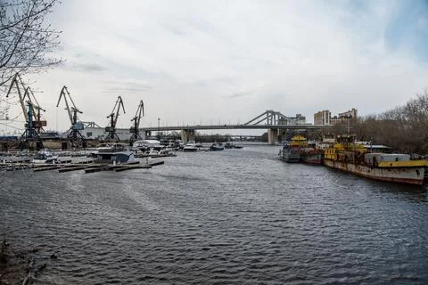 Ships in the spring on the river in the docks Stock Photos