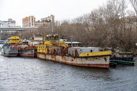 Ships in the spring on the river in the docks Stock Photos