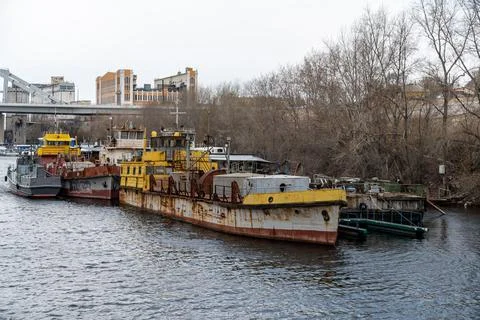 Ships in the spring on the river in the docks Stock Photos