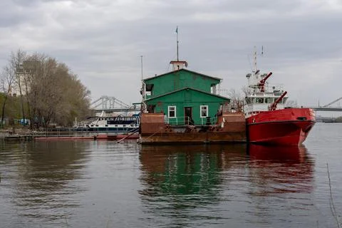 Ships in the spring on the river in the docks Stock Photos
