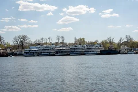 Ships in the spring on the river in the docks Stock Photos