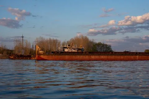 Ships in the spring on the river in the docks Stock Photos