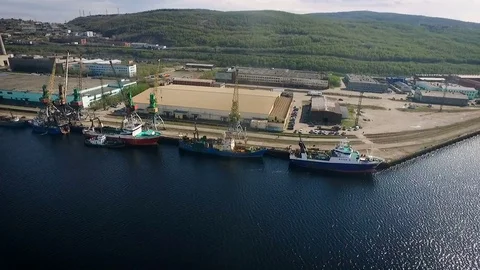 Ships Staying in Harbour. Cranes Loading Boats in Dock. Station Building With Stock Footage 73922114