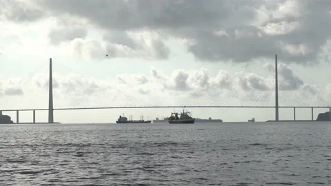 Ships under the bridge. Huge cable-stayed bridge. Many vessels in silhouette Stock Footage 162928388