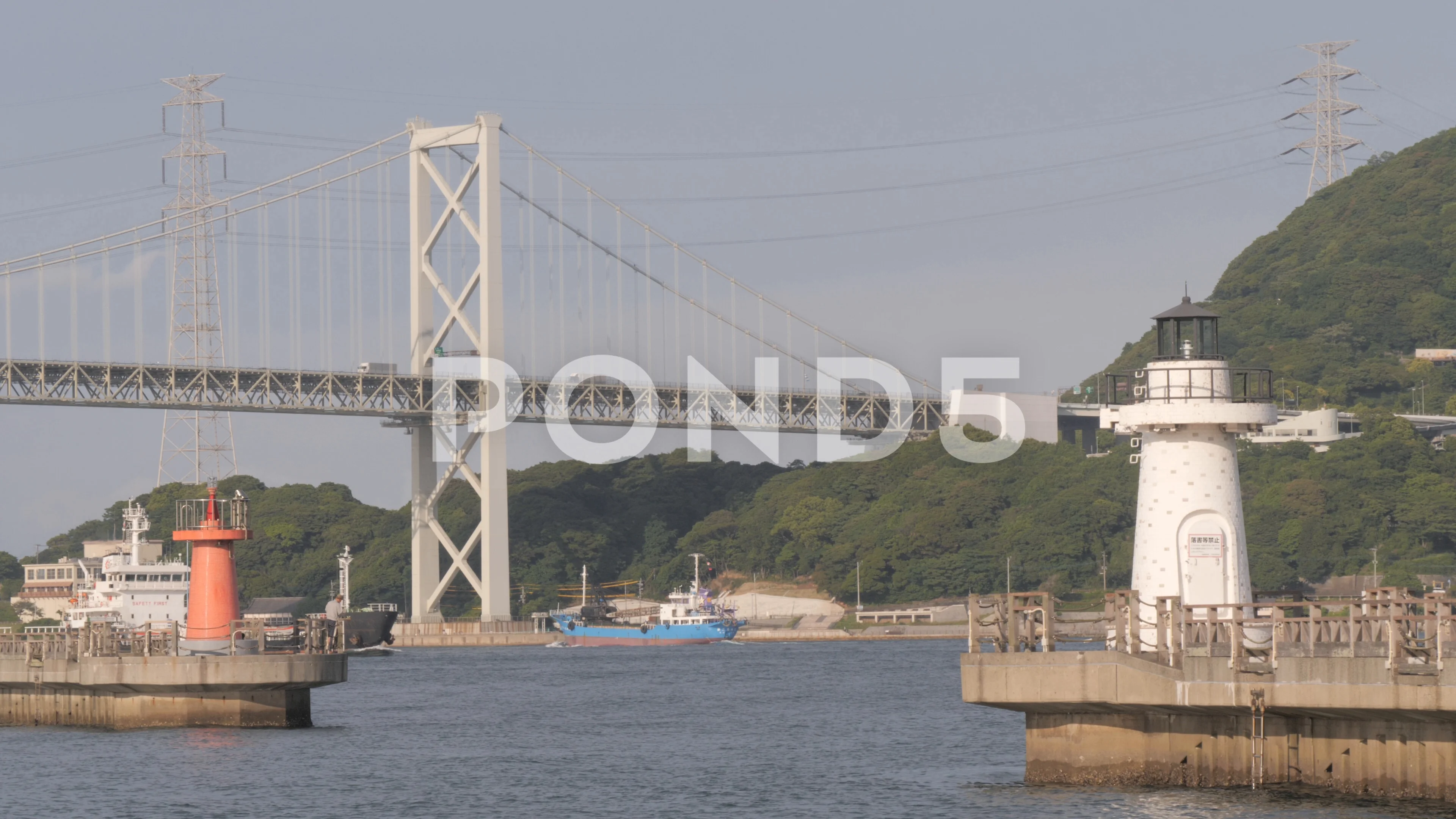 Ships Under Kanmon Bridge With Lighthous Stock Video Pond5