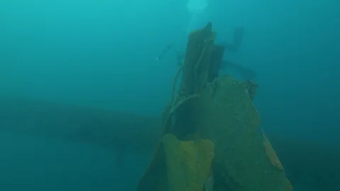  shipwreck Doris, diver along the wreck, Mediterranean Sea Stock Footage 104625113