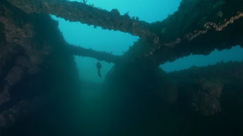  shipwreck Doris, inside of the wreck with fish, Mediterranean Sea Video stock 104624809