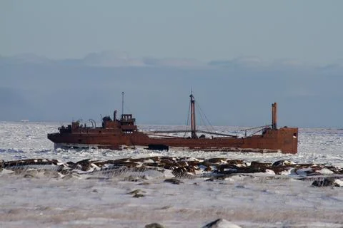 Shipwreck of MV Ithaca that sits outside Bird Cove, east of Churchill Foto stock