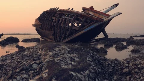 Shipwreck on sunset, Dolly shot. Stock Footage 88519567