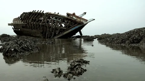 Shipwreck on sunset, Dolly shot. Stock Footage 88520108