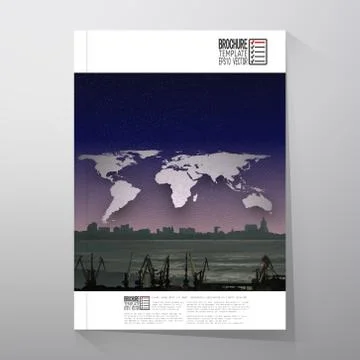 Shipyard and city landscape, night design, world map vector. Brochure, flyer or Stock Illustration