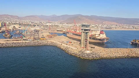 Shipyard and harbor infrastructure at Ensenada Mexico showing docked vessels Vidéo 331073389