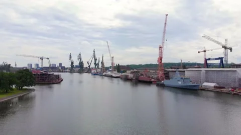 Shipyard and River - Drone Video stock 132216432
