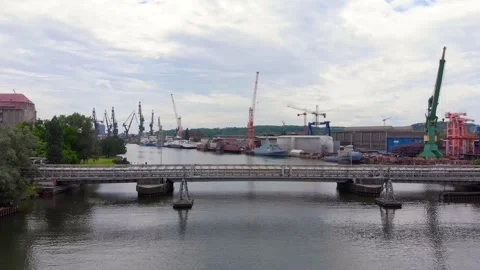 Shipyard and River - Drone Stock Footage 132216556