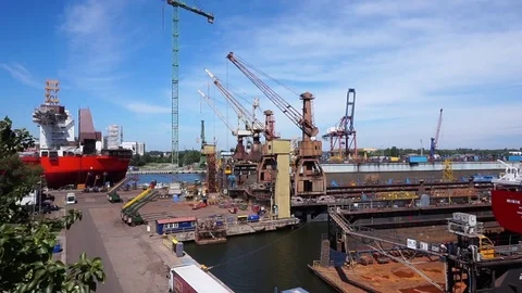 Shipyard crane and dry dock. Gdańsk shipyard. Poland Stock Footage 72512490
