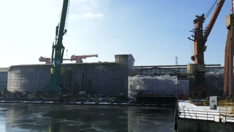 Shipyard Cranes And View On The Shipyard In Gdansk In Winter, Poland 02 Stock Footage 90478536