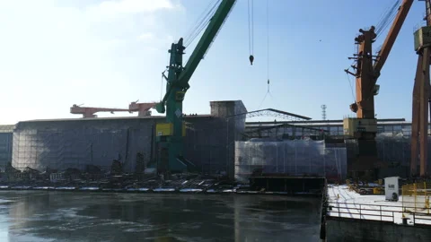 Shipyard Cranes And View On The Shipyard In Gdansk In Winter, Poland. Stock Footage 90478759