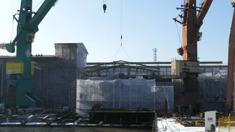 Shipyard Cranes And View On Shipyard In Gdansk, Poland Stock Footage 90479230