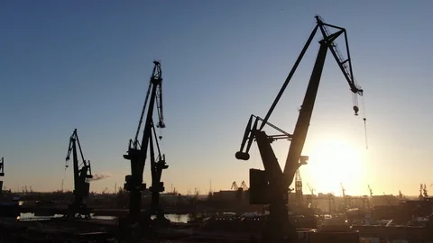 Shipyard cranes during a sunrise Stock Footage 130104266