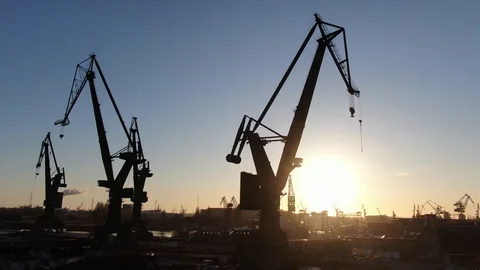 Shipyard cranes in the morning Stock Footage 130104259