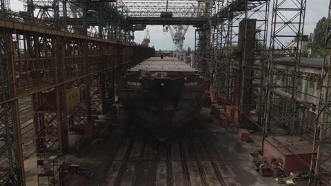 Shipyard. One Ship in Repair in a Floating Dock. Overhaul and Modernization Stock Footage 165814765