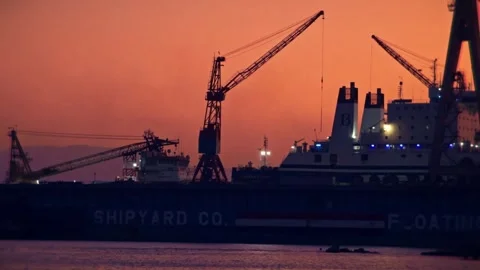 Shipyard Sunset Cranes Ships Stock-Footage 313128680
