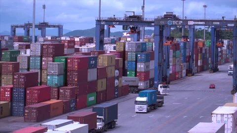 Shipyard terminal full of containers, trucks and port cranes to transport goods  Stock-Footage 189468235