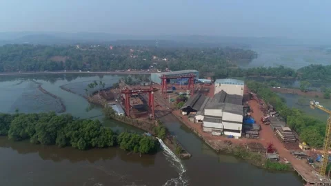 Shipyard on Zuari river in Goa, India. Aerial view. Stock Footage 85500523