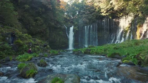 Shiraito Falls Low Angle Push In Drone Shot in Fujinomiya Stock-Footage 228879668