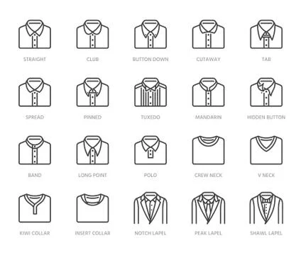Shirt collars, jacket types flat line icons set. Formal clothing vector 스톡 일러스트