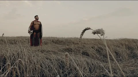 Shirtless gradiator posing in dry field. Stock Footage 138396231