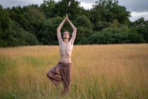 Shirtless man with arms raised practicing tree pose while standing on landscape Stock Photos