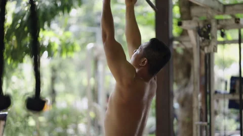Shirtless man doing pullups in a park Stock Footage 265579556