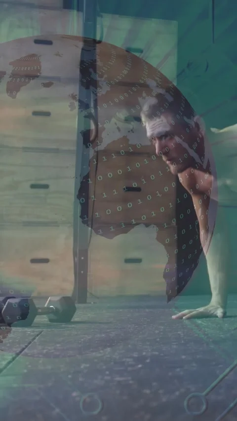 Shirtless man doing push-ups at gym in workout shorts, with dumbbells and globe Stock Footage 331047161