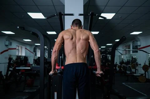 Shirtless man doing triceps dips from parallel bars in gym. Stock-Fotos